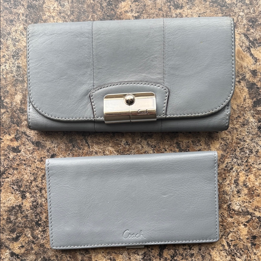 Grayish Blue Coach Leather Women's Clutch/Tri-Fold Wallet